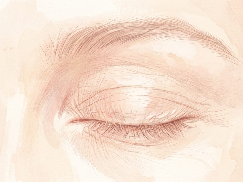 A hand-painted watercolour study of a closed eye and the soft arch of the brow above it in gentle morning light, on warm paper, no readable writing, no device, no needle, no logo; a generated illustration, not a photograph