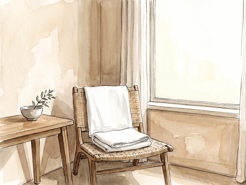 A quiet treatment room corner with a folded towel and soft morning light, no lettering and no device branding