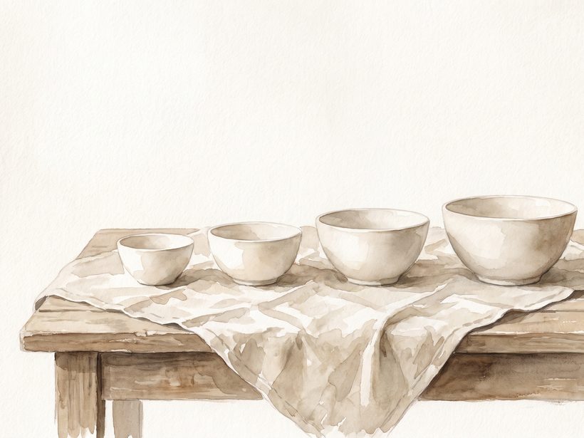 A watercolour still life of four plain white ceramic bowls of gently increasing size in a row on a pale linen cloth