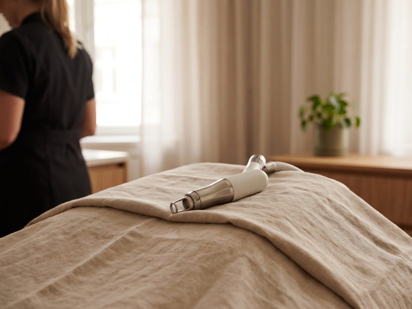 A picosecond laser handpiece resting on a folded clean drape in a treatment room in daylight, no patient and no face present