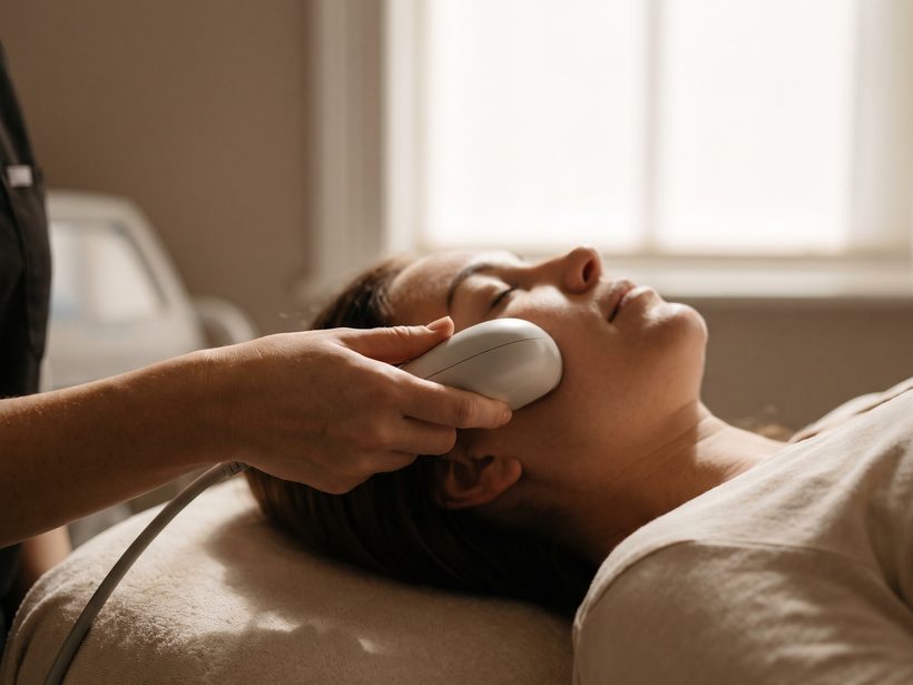 A practitioner's hand holding a smooth white treatment handpiece against the cheek of a relaxed woman lying on a treatment couch, soft window daylight, no text