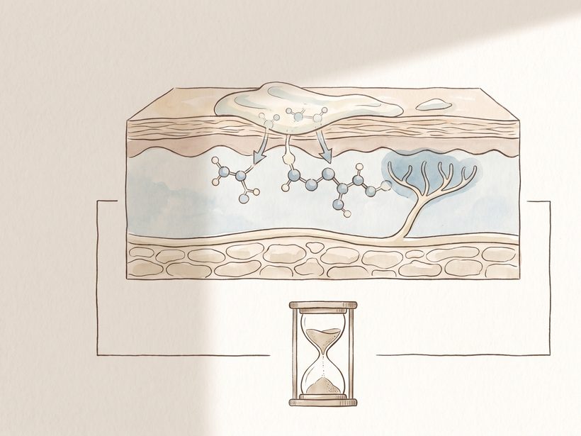 A hand-drawn ink and watercolour plate of a block of skin in cross-section with a thin film of cream on its surface and small molecules drifting down into the layers, an hourglass beneath, warm paper, no people, no text; a generated illustration, not a photograph