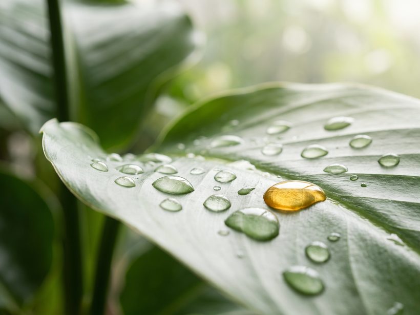 A soft cream and teal illustration of a cross-section of skin showing a hair follicle with a sebaceous gland and a drop of oil rising to the surface, with a faint rain-cloud backdrop