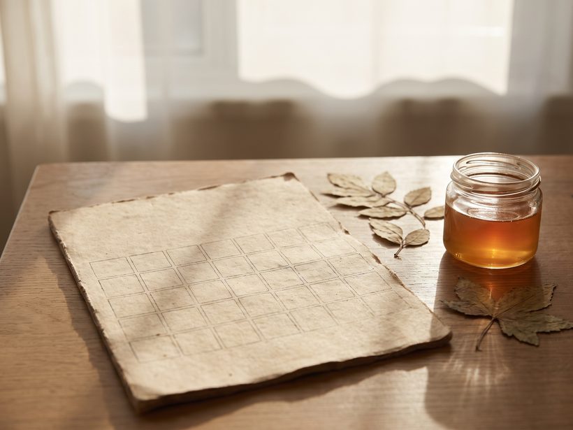 A blank paper calendar grid on a wooden table in soft morning light, with pressed leaves and a small jar of honey beside it