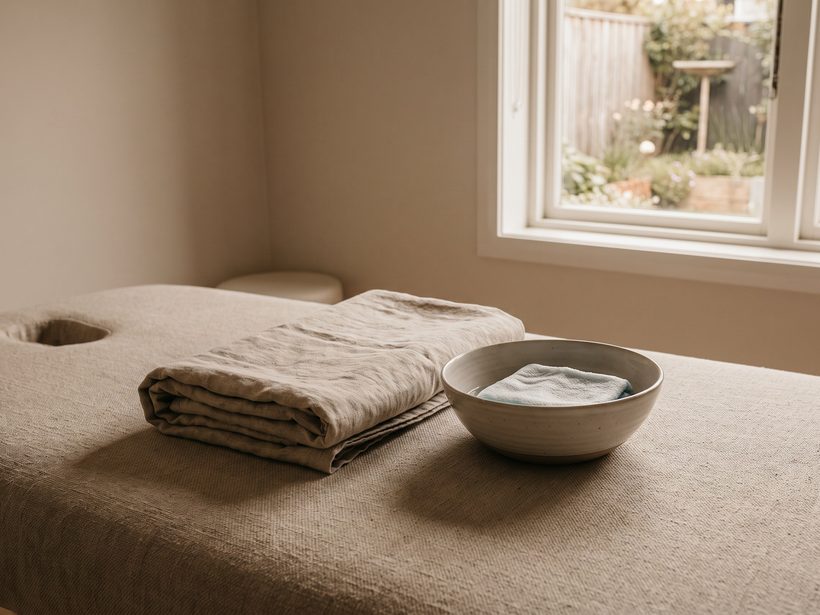 A folded pale grey towel and a small ceramic dish of water on a light wooden bench in soft daylight, a calm still life with no people, text, devices or packaging