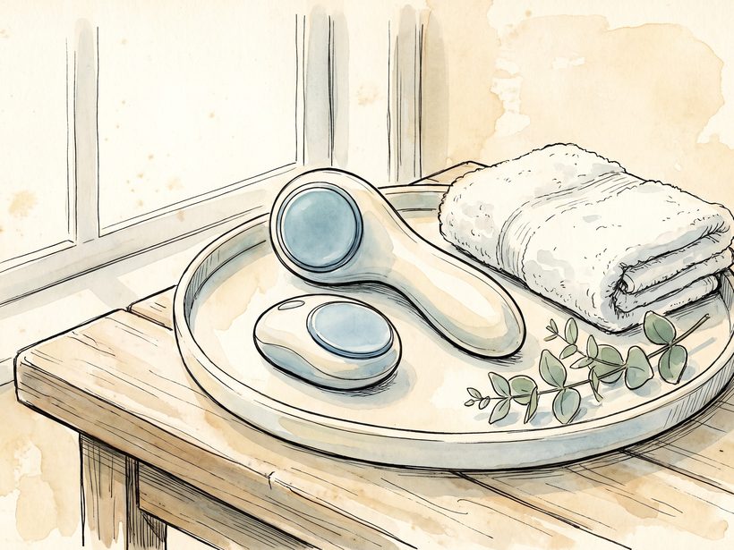 A calm clinical still life: two microwave body contouring handpieces of different sizes resting side by side on a clean tray, one larger and one small, with a soft cooling plate visible on each face; no people, no logo, no readable writing; a generated illustration, not a photograph