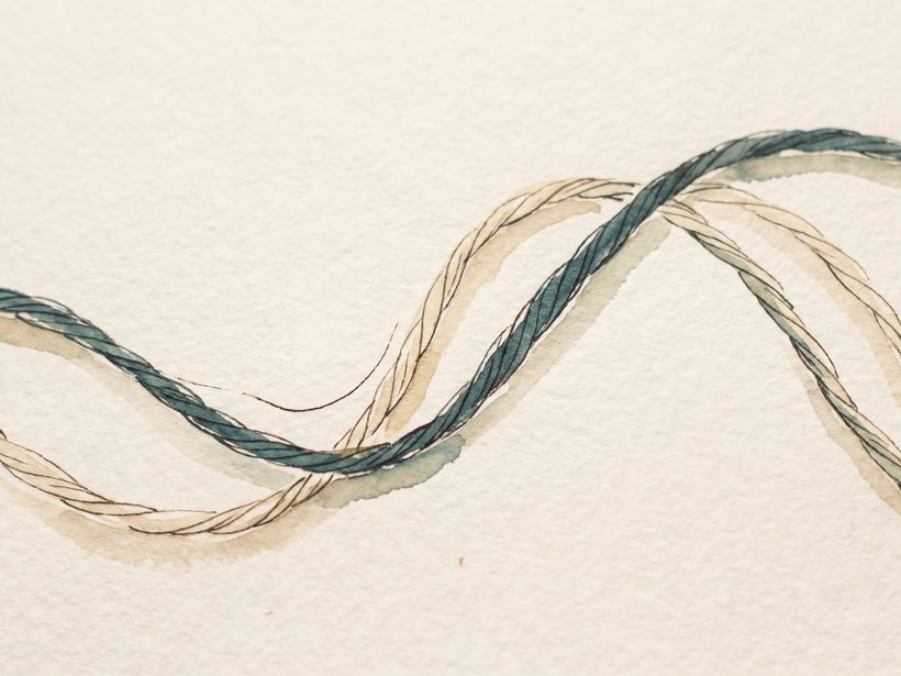 Two fine twisted threads, one teal and one cream, forming a gentle double helix on textured watercolour paper, no lettering, no people