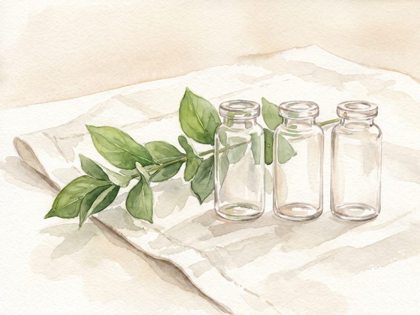 Watercolour of three small clear glass vials without labels on a linen cloth beside a sprig of green leaves