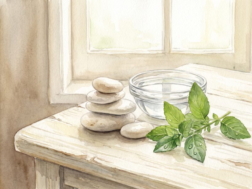 A watercolour still life of a small stack of smooth pale river stones beside a shallow glass dish of water and a sprig of green leaves on a pale wooden table by a window