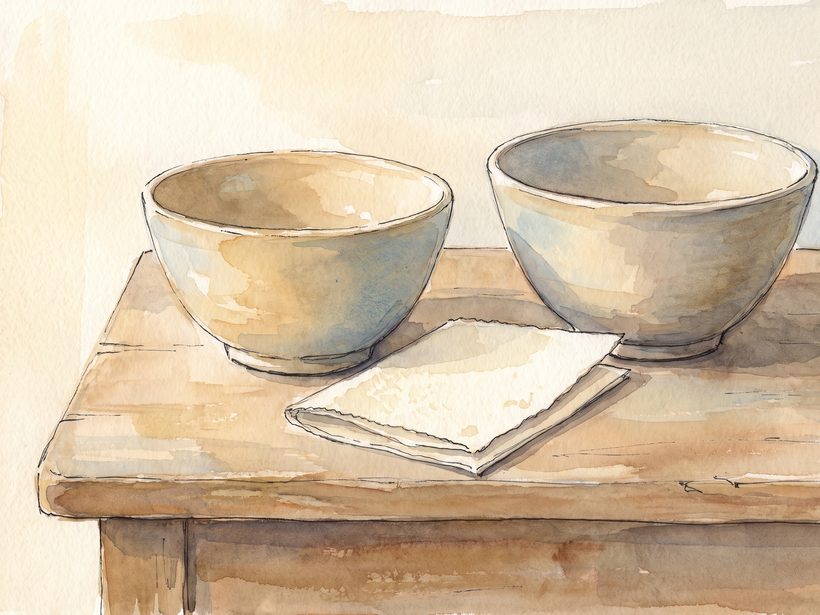 Two smooth river stones, one pale and one darker, resting side by side on a folded cotton cloth in soft daylight, a still life with no people and no medicine in view