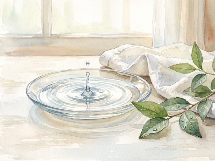 Watercolour of a drop of clear water falling into a shallow glass dish, beside a folded white cloth and a sprig of leaves