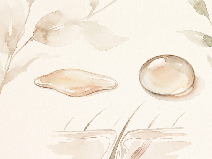 A painted plate of a single dew drop resting on a pale green leaf beside a smooth glass pebble, no people and no text