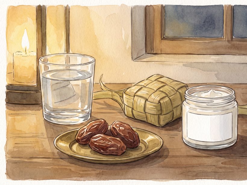 A hand-drawn ink and watercolour still life at dusk: a glass of water, dates on a brass plate, a woven ketupat and a plain jar of cream on a wooden table, with a lit candle and a window behind, no people, no text; a generated illustration, not a photograph