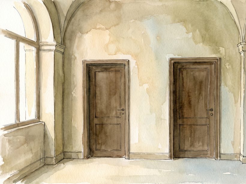 Two identical doors set into a quiet corridor wall, ink and wash, no signage, no lettering, no people