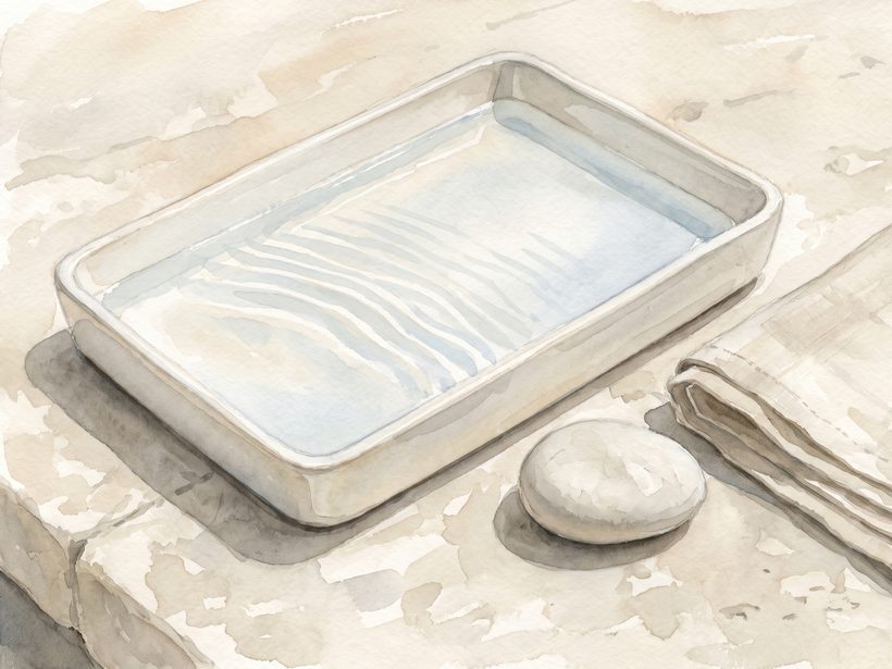 A watercolour still life of a shallow white ceramic tray of water with soft parallel ripples of light, a smooth pale pebble and a folded linen cloth on a pale stone surface
