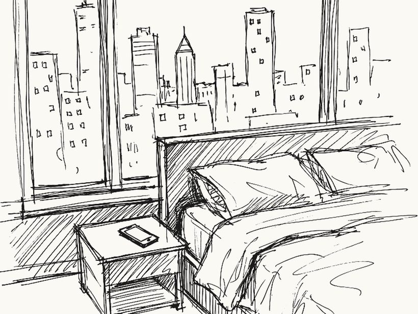 A pencil and ink sketch of a modern bedroom window onto a city skyline at night, with a phone glowing on the bedside table