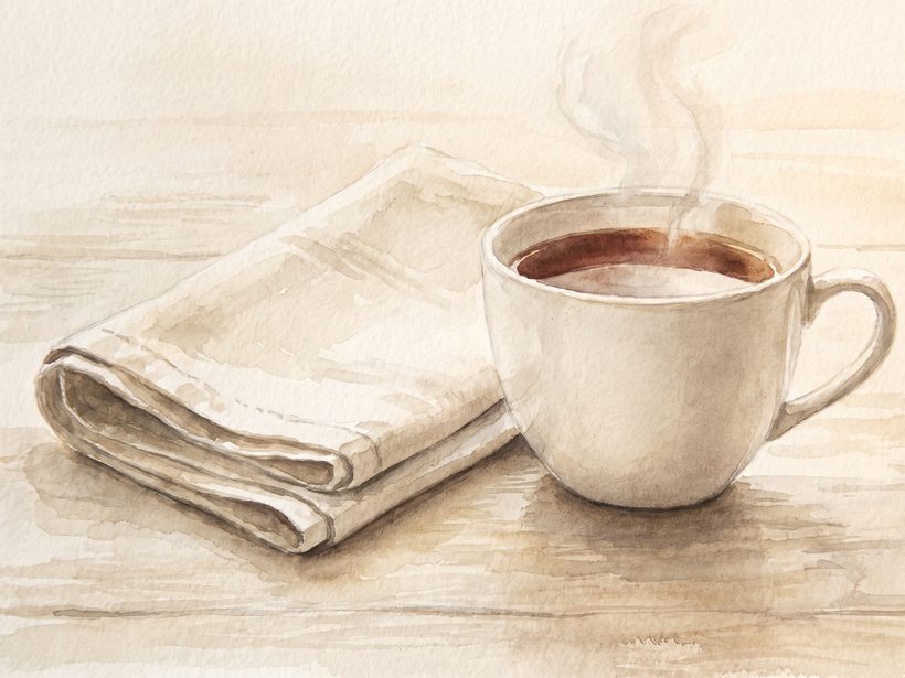 A watercolour still life of a plain white cup of tea with a gentle curl of steam beside a folded linen cloth on a pale wooden table