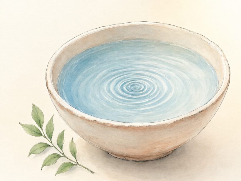 Two smooth ceramic bowls on a pale wooden table in soft daylight, one holding a folded linen cloth and one a cool grey stone, a still life with no people, no devices on skin, no needles and no logos