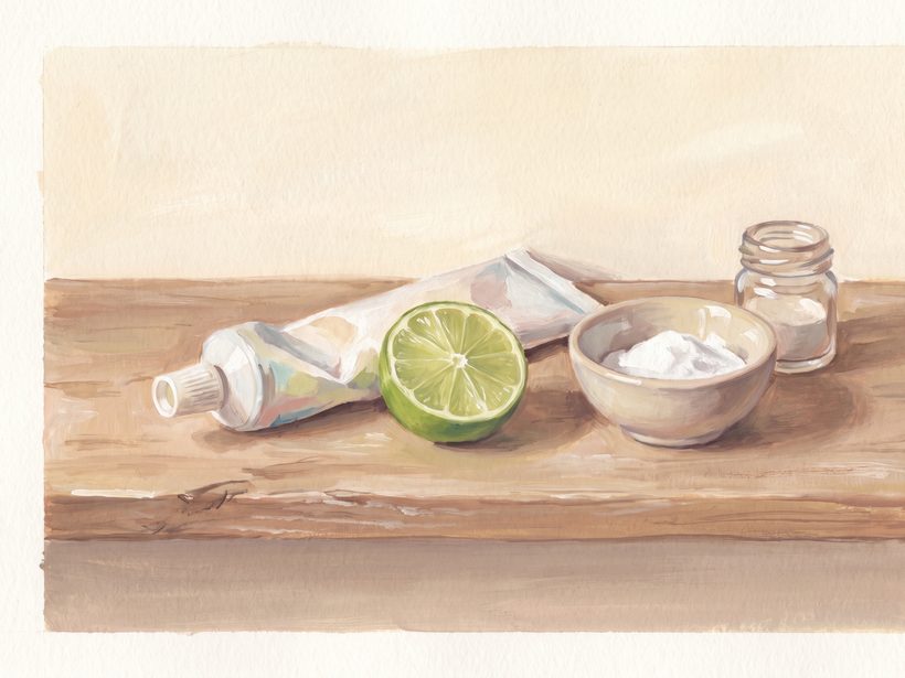 A hand-painted gouache still life on a wooden shelf: a squeezed tube of toothpaste, half a lime, a small bowl of white baking soda and a small glass jar, warm cream background, no people, no text; a generated illustration, not a photograph