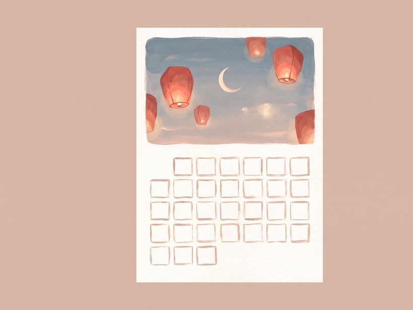 Watercolour of a blank calendar page beneath an evening sky with red sky lanterns and a crescent moon