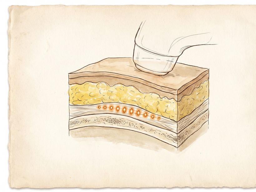 A hand-drawn ink and watercolour block of tissue in cross-section, skin over a yellow fat layer and a deeper fibrous layer, with a row of small warm focal points of heat beneath a transducer outline, no text
