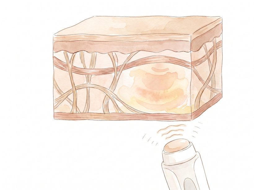 Watercolour diagram of skin layers in cross-section with an ultrasound transducer below sending soft waves upward