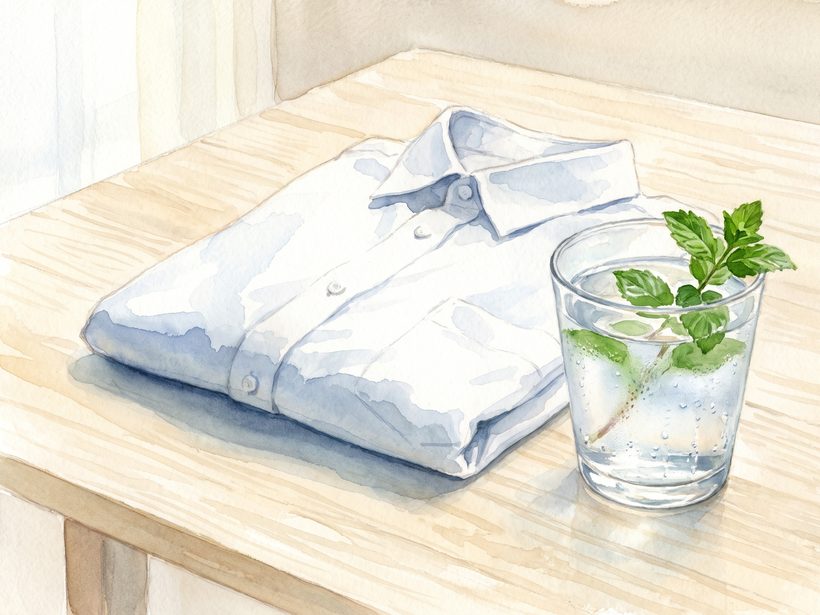 A watercolour still life of a neatly folded white cotton shirt beside a glass of cold water with condensation and a sprig of mint on a pale wooden table