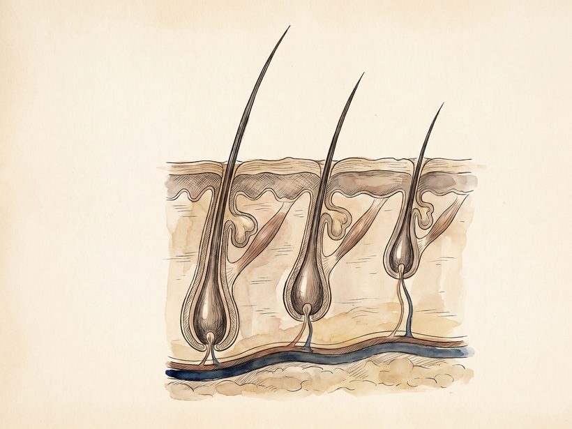 A hand-drawn ink and watercolour anatomical plate of skin in cross-section with three hair follicles and their dark hair shafts, long, mid and short, on warm paper, no people, no face, no text; a generated illustration, not a photograph