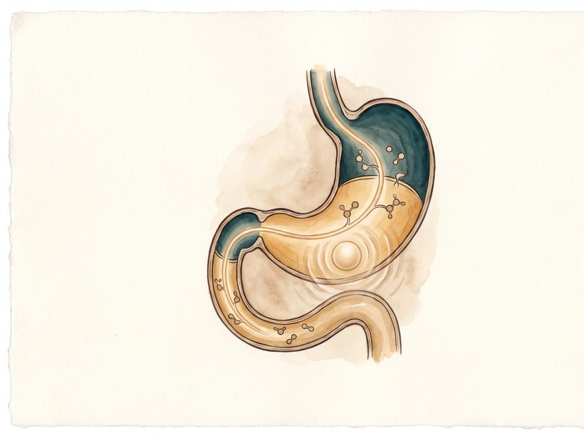 Watercolour plate of the stomach and the start of the small intestine in teal and gold, food held in the stomach