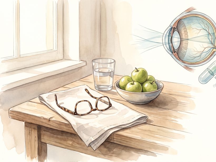 Watercolour of reading glasses on a folded napkin beside a glass of water and a bowl of green apples, with a drawing of the eye in cross-section