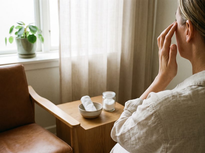 A folded white towel and a glass of clean water on a plain daylit counter, no face, no product, no needle