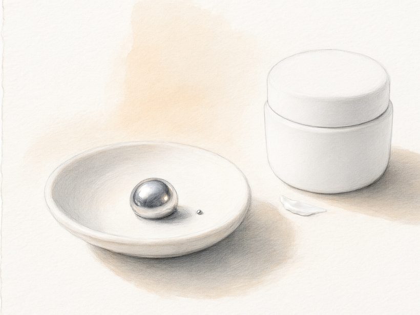 A row of unlabelled plain cosmetic jars on a pale wooden shelf, soft daylight, watercolour, no lettering and no people
