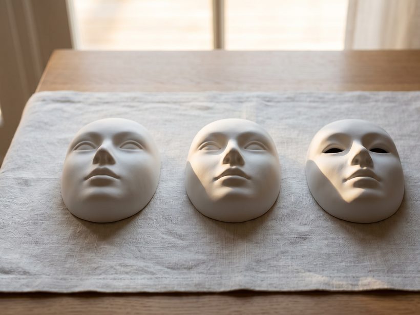 Still life: three identical white porcelain masks with the same calm, neutral expression on a linen runner by a window, each lit from a different angle so the same face reads differently; a generated image, not a photograph of people