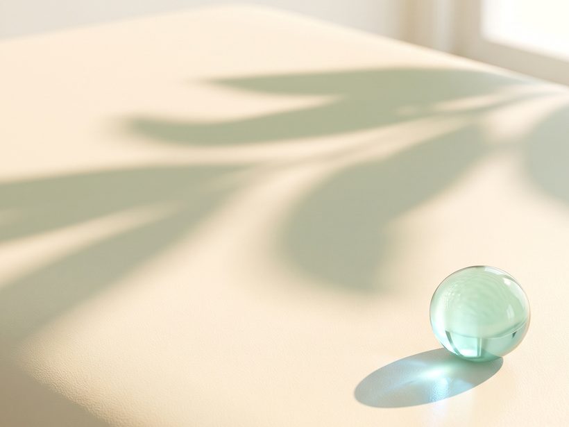 A single clear bead of hyaluronic acid gel resting on a pale ivory surface in soft window light, with the shadow of a leafy branch falling across it; a still life with no people, needles or packaging