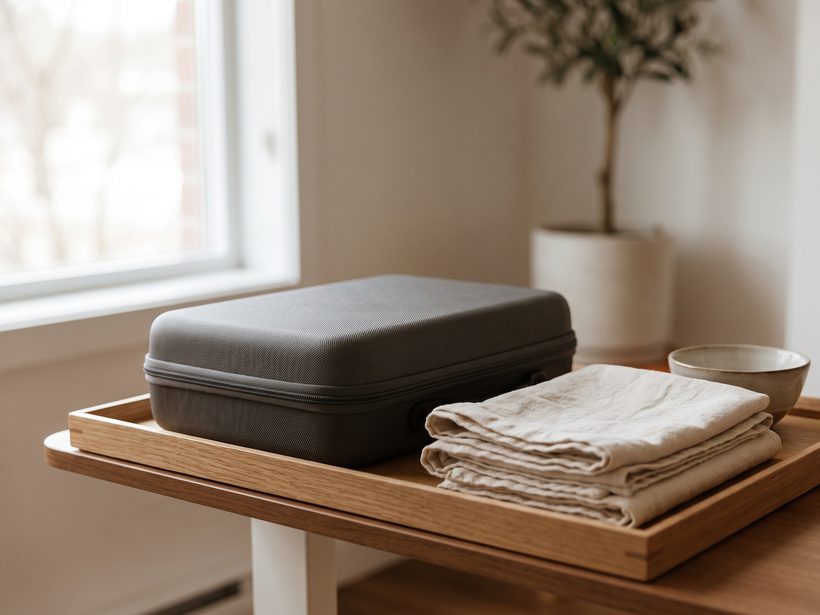 A plain daylight photograph of an unused, folded skincare towel on a treatment bed in soft natural light, still life, no clinical staging, no face