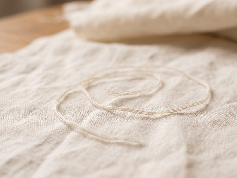A single folded, unused length of thread lying on plain linen in soft daylight, still life, no clinical staging, no face