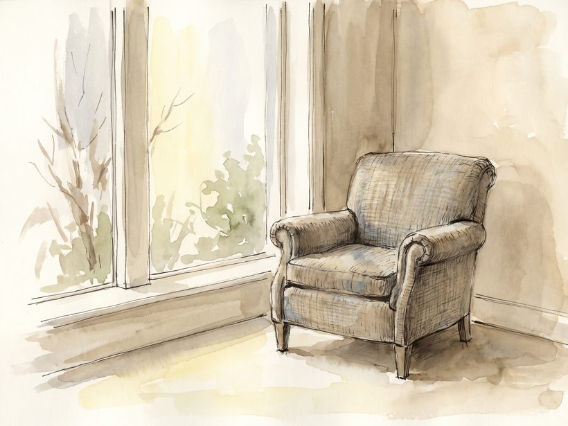 A quiet waiting room chair in morning light, ink and wash, no people, no signage, no lettering