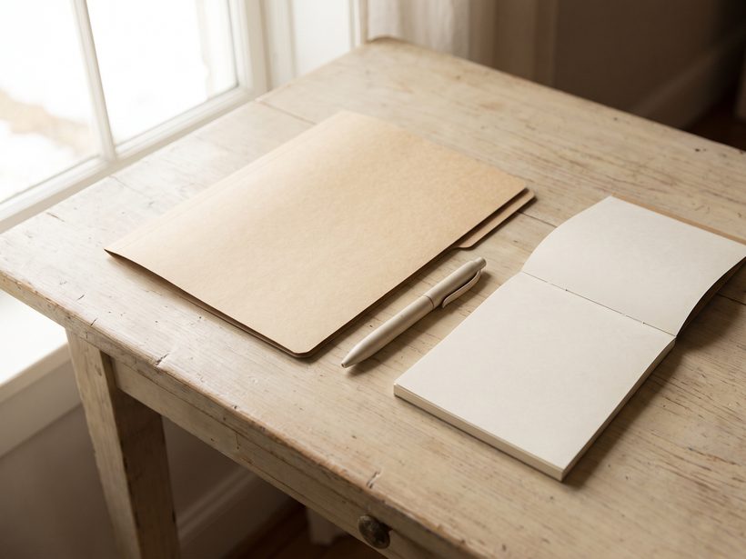 A closed paper folder, a pen and a small wall calendar on a pale wooden desk in soft daylight, a calm still life with no text, people, needles or packaging