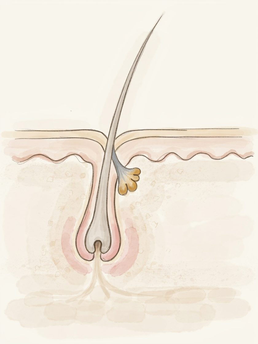 A watercolour drawing of a single hair follicle in a cross-section of skin, with a pink halo of inflammation around its base