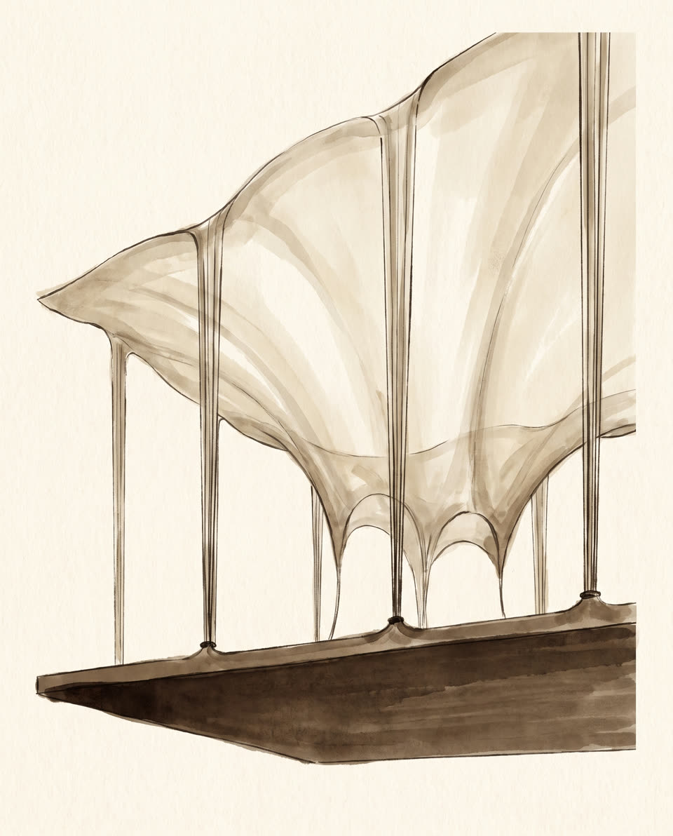 An ink and wash drawing of a fabric canopy tied down at fixed points by thin rods, billowing up between them