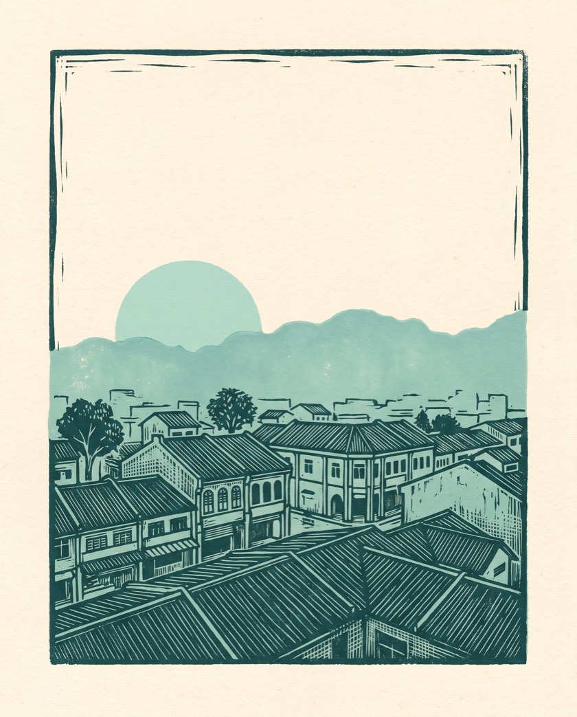 A linocut of low-rise shophouse rooftops under a pale, hazy sky with a dim sun.