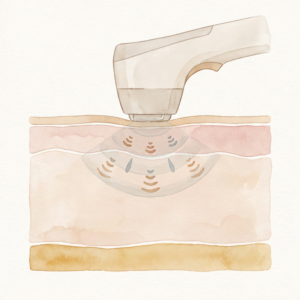A watercolour of an ultrasound handpiece resting on the skin, with waves converging at one depth in the layers below.