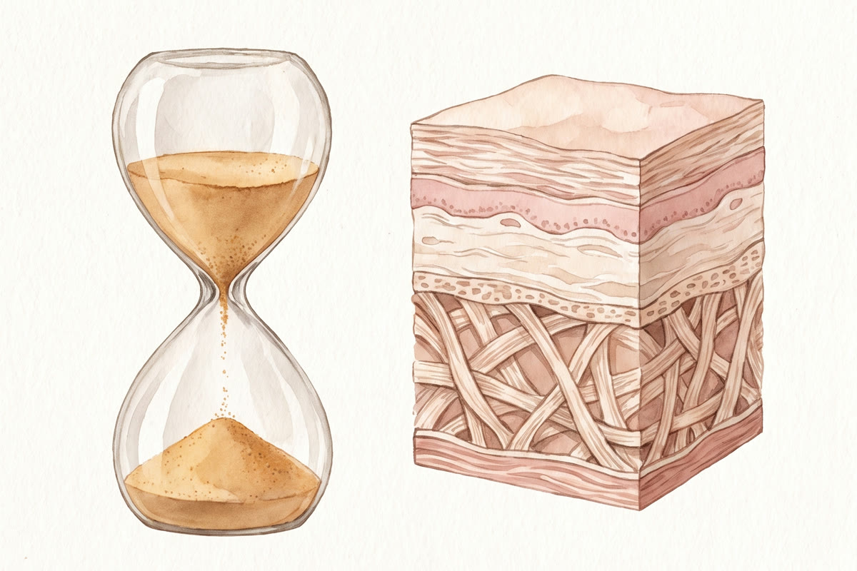 A watercolour hourglass with sand falling, beside a block of layered skin with a dense weave of fibres in its lower layer.