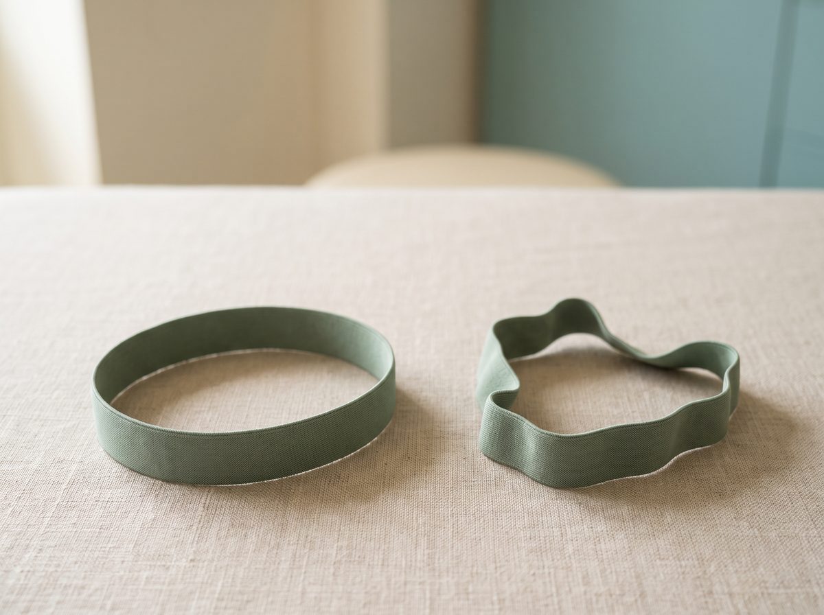 Dua gelang getah elastik hijau sage di atas alas meja linen: satu mengekalkan bentuk bulat yang kemas, satu lagi beralun dan kendur
