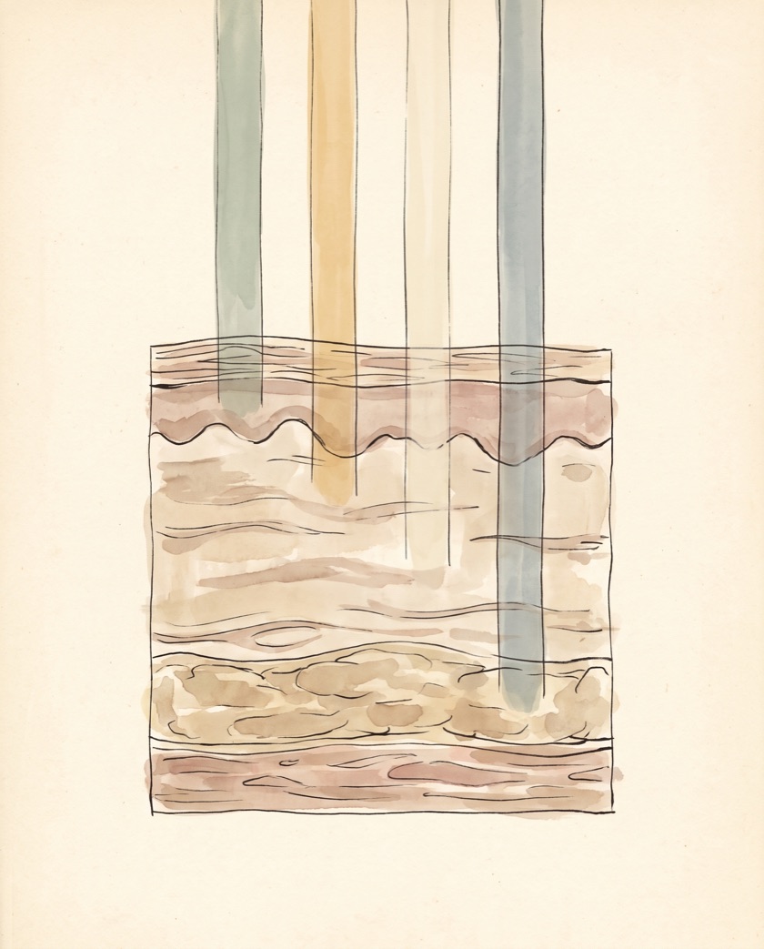 An ink and wash plate of four coloured beams entering layered skin, each stopping at a different depth.