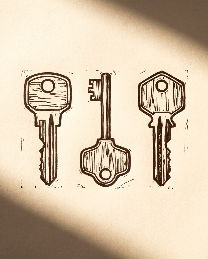 A linocut of three different keys side by side.