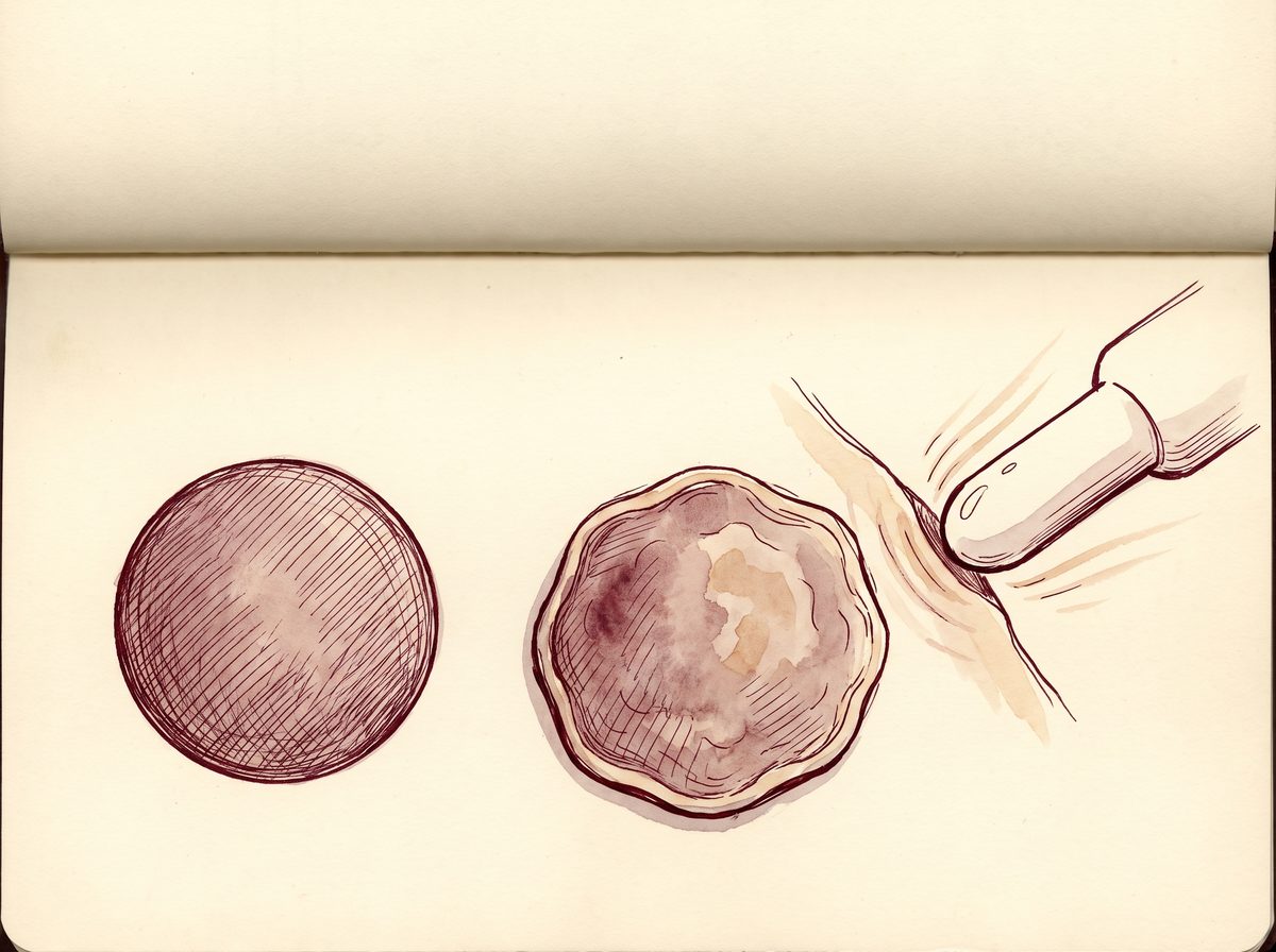 A sketchbook drawing of two mole-like discs: one round and evenly shaded, the other irregular and patchy in colour, with a laser handpiece tip touching its edge