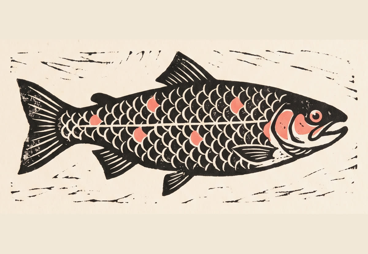 Cetakan linokut seekor salmon dengan corak sisik