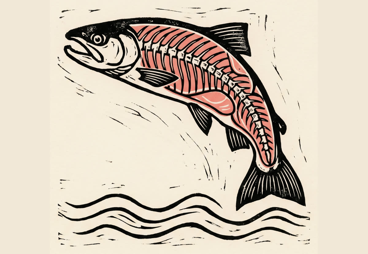 Cetakan linokut seekor salmon melompat di atas ombak