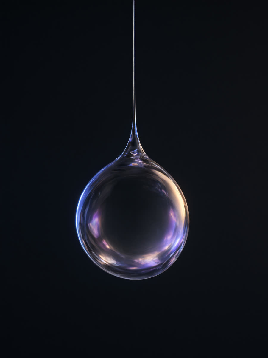 A single translucent glass droplet hanging on a dark ground